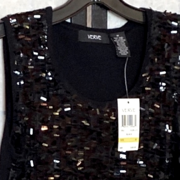 NEW! VERVE Black OBLONG Shiny SEQUINS HOLIDAY PARTY Sleeveless TANK TOP MEDIUM - Picture 5 of 8